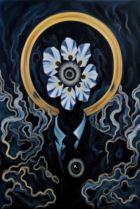 A surreal painting shows a figure in a suit with a large white and blue flower for a head, surrounded by a golden halo and dark swirling patterns.