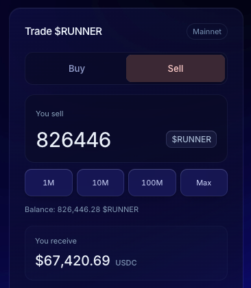 The image shows a trade interface for the $RUNNER token on Mainnet, where a user is selling 826,446 $RUNNER tokens for a receive amount of $67,420.69 USDC, with a balance of 826,446.28 $RUNNER displayed. This screenshot illustrates the post's claim about turning a small investment into substantial profits quickly on the $RUNNER token, supporting the narrative of large community gains on Injective ($INJ).