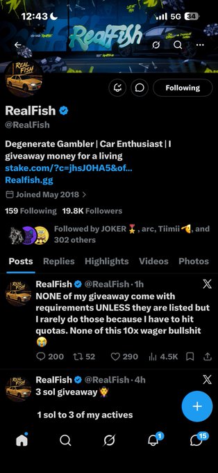 A Twitter/X profile page for @RealFish with bio reading 'Degenerate Gambler | Car Enthusiast' and giveaway links, with recent posts about sol giveaways and wager requirements.
