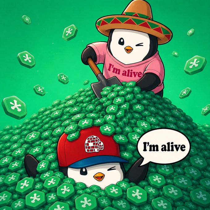 A cartoon illustration features a penguin wearing a sombrero and a pink "I'm alive" shirt digging with a shovel in a pile of green glowing icons, while another penguin wearing a red and blue cap emerges from the pile with a speech bubble saying "I'm alive."