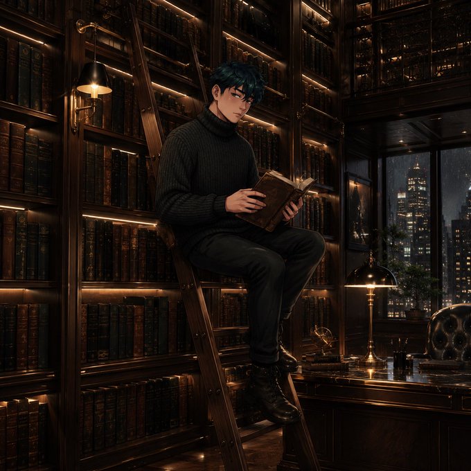 An anime-style illustration of a young man with blue hair reading a book while sitting on a ladder in a warmly lit library, with a city skyline visible through the window.