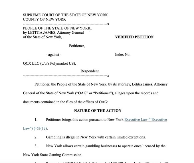 A legal document titled "Verified Petition" from the Supreme Court of the State of New York, where People of the State of New York, by Attorney General Letitia James, sues QCX LLC (d/b/a Polymarket US) under New York Executive Law § 63(12), alleging that Polymarket operates an unlicensed gambling business in violation of state law.