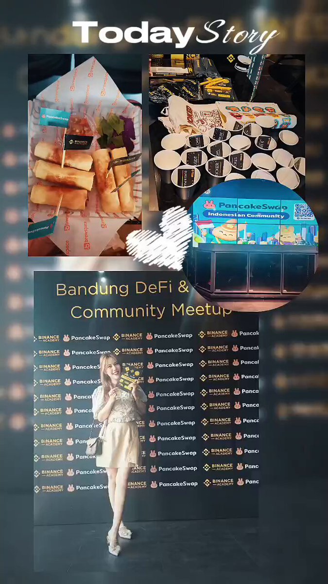 The image features a collage of four photos, with one photo showing a woman posing for a picture while holding a sign that says "Today Story". The other three photos display various food items such as donuts, cakes, and sandwiches. The collage also includes text elements like "@BinanceAcademy" and "#BandungDeFiWeb3 @PancakeSwap", which may be related to the content of the image or could be part of a social media post promoting a specific event or cause.