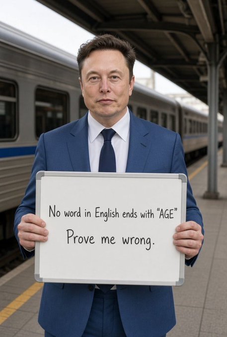 Elon Musk in a blue suit standing at a train station platform, holding a whiteboard that reads: 'No word in English ends with "AGE". Prove me wrong.'