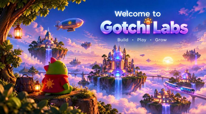 A colorful fantasy game promotional image titled 'Welcome to Gotchi Labs' with the tagline 'Build · Play · Grow,' depicting floating islands, castles, and a green dragon character.