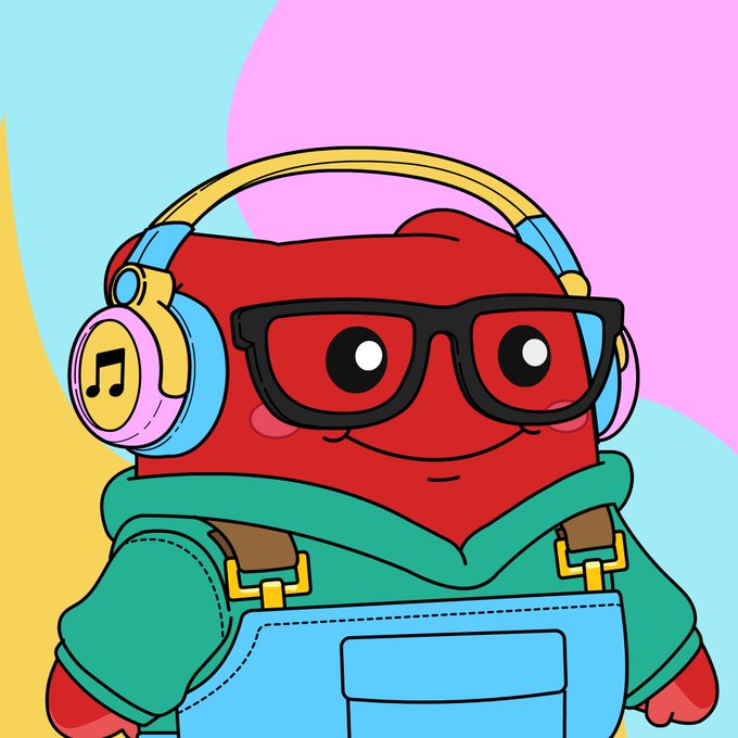 A cartoon illustration of a red character wearing black glasses, yellow and pink music note headphones, a green hoodie, and blue overalls against a pastel background.