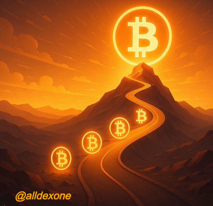 The image features a road with four Bitcoins at various points along its length, leading towards a mountain top. The Bitcoins are glowing yellow, suggesting that they might be virtual currency or tokens. The road appears to be winding upwards, indicating an upward trajectory for these Bitcoins. The overall scene is artistic and creative, capturing the essence of Bitcoin's journey from being a niche concept to becoming a global phenomenon.