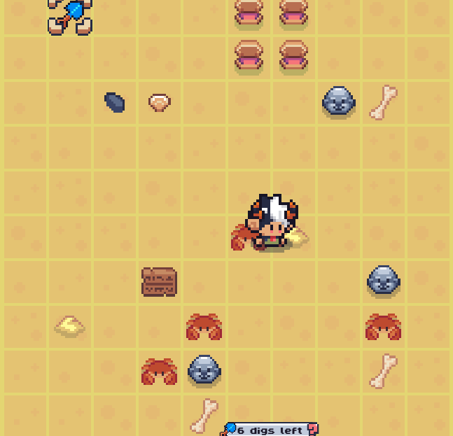 A pixel art game scene shows a character on a yellow grid with various items including rocks, bones, crabs, and meat, with text '6 digs left' at the bottom.