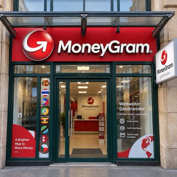 The storefront of a MoneyGram location features a bright red sign and window graphics advertising "Weltweiter Geldtransfer" and various services.