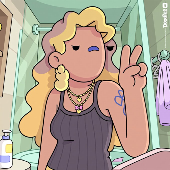 A cartoon illustration of a blonde woman with layered necklaces and a purple top, making a peace sign, branded with 'Doodles AI' in the corner.