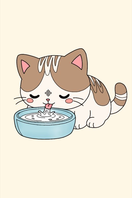 A cute cartoon illustration of a brown and white cat happily licking milk from a blue bowl.