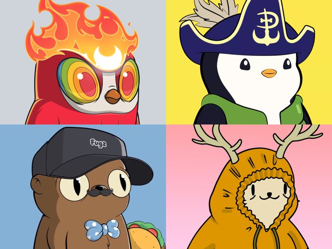 A four-panel digital illustration featuring stylized cartoon characters: a red owl with flames, a penguin with a pirate hat, a brown creature with a cap and bowtie, and a sloth wearing an orange hooded onesie with antlers.