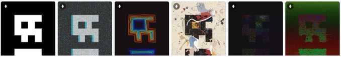 Six stylized phone cases displayed side-by-side, each featuring a glitchy, pixelated letter 'F' design in different color schemes including black, denim, rainbow, paint-splattered, dark glitch, and green/red.