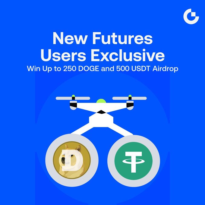 A blue promotional graphic titled "New Futures Users Exclusive" advertises an airdrop of up to 250 DOGE and 500 USDT, featuring an illustration of a drone carrying coins emblazoned with the Dogecoin and Tether logos.