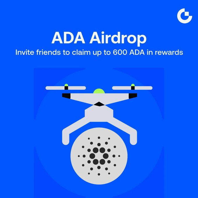 The image features a white drone with black propellers against a blue background. The drone has a small antenna attached to its top, which could be used for navigation or communication purposes. Below the drone, there's text that reads "ADA Airdrop Is Live Invite friends to directly claim up to 600 ADA in rewards Earn 15 ADA for every successful friend referral, credited instantly Users who have not invited friends in the past 3 months can earn up to 134 ADA in returning-user rewards after meeting". The image is related to the post about the ADA Airdrop because it features a white drone with black propellers and text that promotes the use of the cryptocurrency.