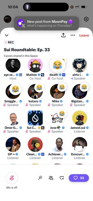 A screenshot of the Sui Roundtable (REC) on X/Twitter Spaces with the notification 'New post from MoonPay' and various hosts, speakers, and listeners visible.