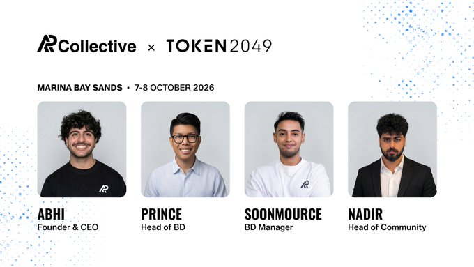 The image showcases AP Collective's team—Abhi (Founder & CEO), Prince (Head of BD), Soonmource (BD Manager), and Nadir (Head of Community)—who will be attending TOKEN2049 Singapore at Marina Bay Sands from 7–8 October 2026, supporting the announcement to reconnect at the event.