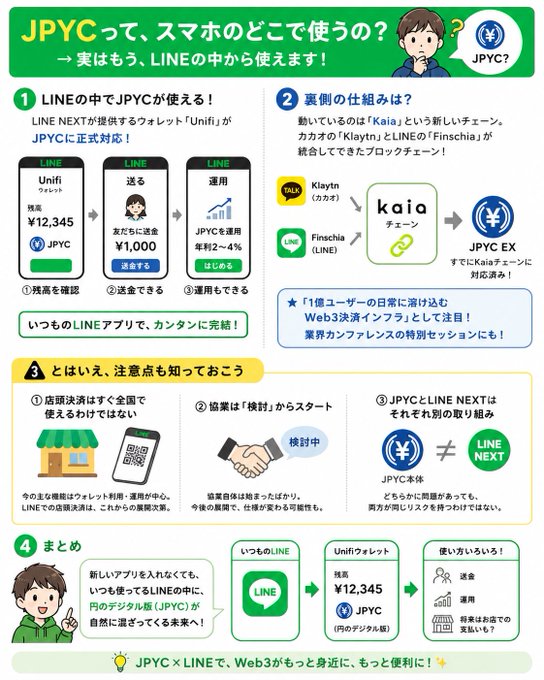 A Japanese infographic explaining how to use JPYC (a Japanese stablecoin) within the LINE app, detailing wallet features, blockchain technology (Kaia), and regulatory considerations.