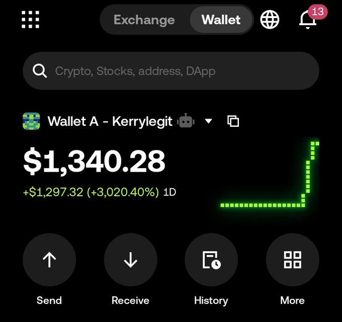 A screenshot of a crypto wallet app showing 'Wallet A - Kerrylegit' with a balance of $1,340.28, up $1,297.32 (+3,020.40%) in 1D, featuring a green sparkline chart and navigation buttons for Send, Receive, History, and More.