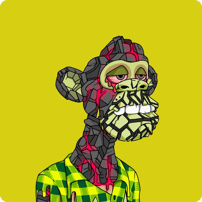 A digital NFT-style artwork of a character with a cracked stone/rubble textured head and body revealing pink flesh underneath, wearing a green and yellow striped shirt, against a yellow background.