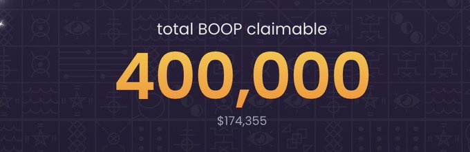 The image displays a banner showing "total BOOP claimable" of 400,000 BOOP tokens, valued at $174,355, against a dark purple background with tribal-style patterns. This visually contrasts with the post's discussion of Boop Boop's high launch incentives, highlighting the actual monetary value of the rewards now claimable.
