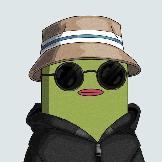 Digital illustration of a green, square-shaped character wearing round black sunglasses, a beige bucket hat with blue stripes, and a black hoodie against a light blue background.
