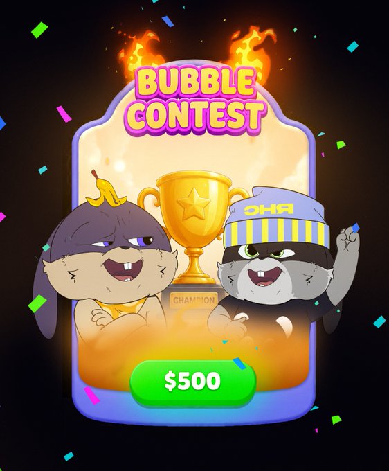 Mobile game screen titled 'Bubble Contest' featuring two hamster/rodent characters wearing banana and 'SHA' headbands, with a champion trophy and a $500 button.