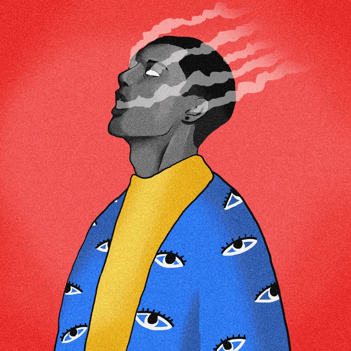 The image features a man with black hair wearing a blue jacket, standing against a red background. The man has his eyes closed, and there are white circles around them, which could be interpreted as eyes or a pattern. The caption of the image reads "gm ct happy new month praying for motion & 2.5 million impressions what do you desire?".