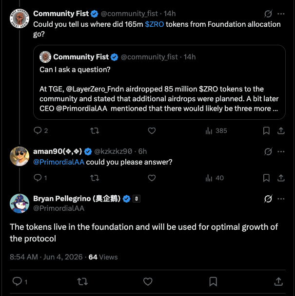 The image shows a Twitter feed with multiple posts from different users. The main focus is on a post about an airdrop that has been circulating among various people, including a few named Brian and Ryan Pelegrino. The post includes information about the size of the airdrop, which was $ZRO tokens, as well as some questions related to the allocation process. The users are discussing whether or not this particular allocation meets their expectations in terms of size.