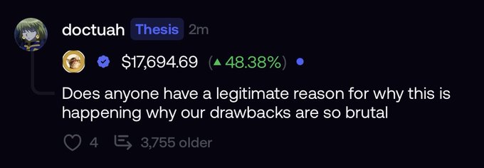 The image shows a Discord message from user "doctuah" tagged with "Thesis," displaying a balance of $17,694.69 (up 48.38%) alongside the question "Does anyone have a legitimate reason for why this is happening why our drawbacks are so brutal." The accompanying context explains that longtime $CATE holder doctuah is questioning the token's volatility, with the response noting that many holders are new to crypto and may not understand typical price swings.
