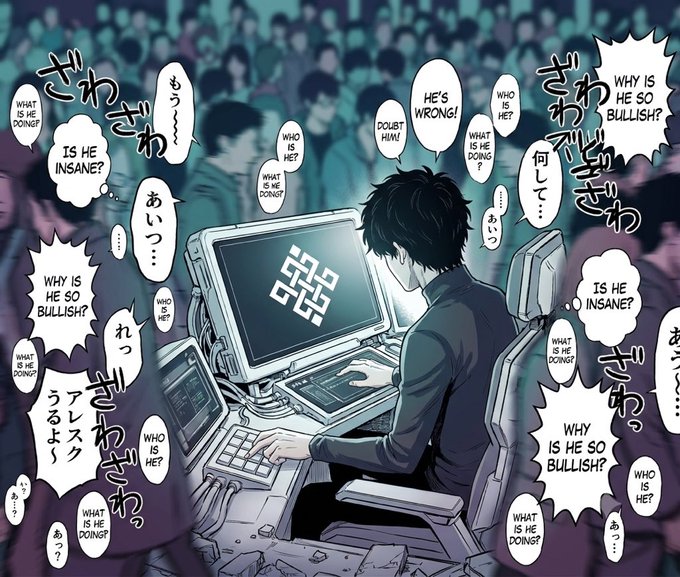 A manga-style illustration of a trader at a computer screen displaying a Binance logo, surrounded by a crowd murmuring 'WHY IS HE SO BULLISH?', 'WHO IS HE?', and 'WHAT IS HE DOING?' in both English and Japanese.