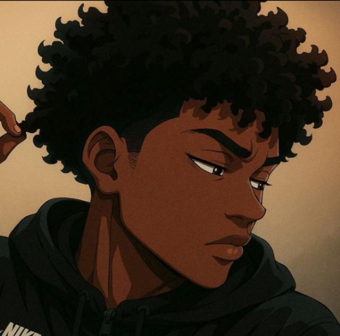 An animated/illustrated portrait of a young Black man with curly hair wearing a dark Nike hoodie, looking to the side with a serious expression.
