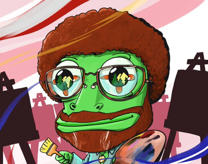 A digital illustration of a green Pepe-style frog character with a large brown afro, glasses, and a beard, holding a paintbrush and palette against a pink and white background with easel silhouettes.