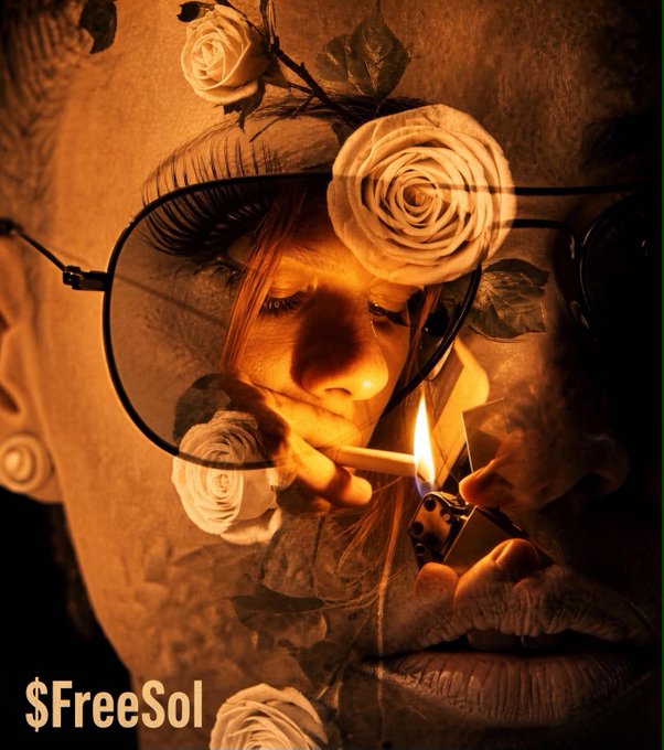 Stylized album cover or promotional artwork for $FreeSol featuring a double-exposure portrait of a person with roses, large glasses, and a lit cigarette.