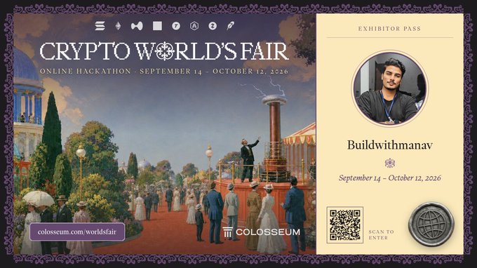 A 'Crypto World's Fair' exhibitor pass for 'Buildwithmanav', an online hackathon running September 14 - October 12, 2026, hosted on colossum.com/worldsfair, featuring a classical painting background.