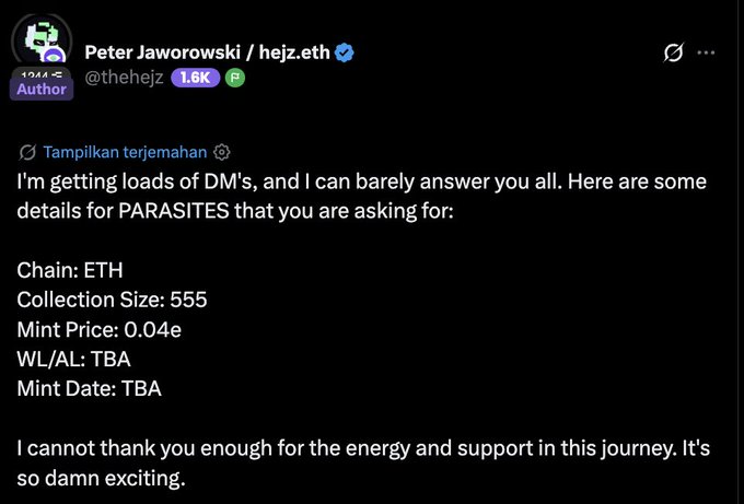 A tweet from Peter Jaworowski (@thehejz) shares mint details for the "PARASITES" NFT collection: 555 supply on Ethereum at 0.04 ETH per mint, with WL/AL and mint date still to be announced, thanking followers for their support.