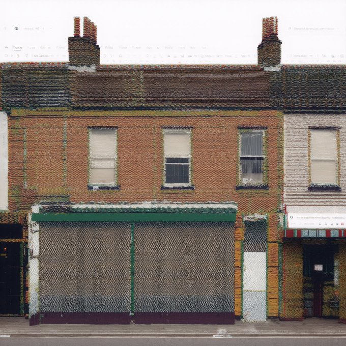 A glitch-effect or distorted photograph of a brick storefront with closed green shutters and chimneys on the roof.