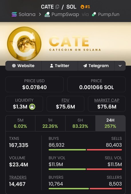 A crypto analytics dashboard for the token CATE (Catecoin on Solana) showing a price of $0.07840, a market cap of $75.6M, liquidity of $1.3M, and 24-hour metrics including 257% gains and 167,335 transactions.