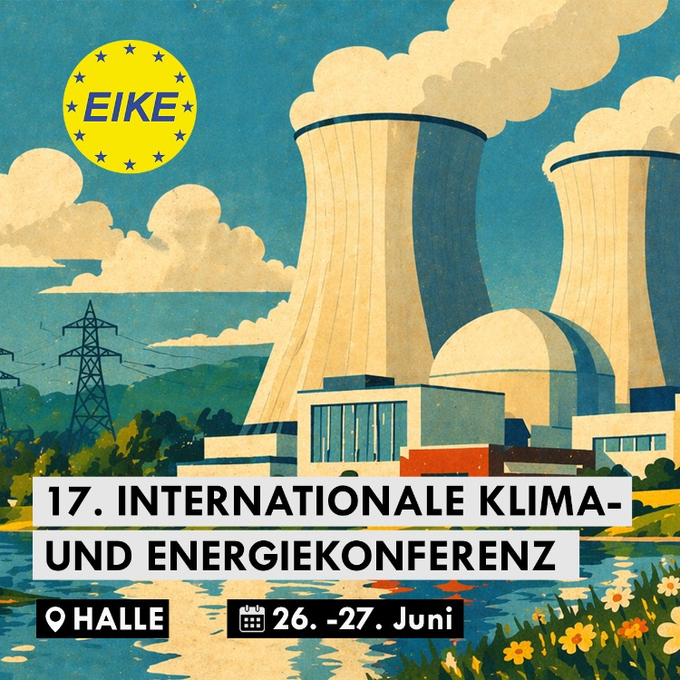 The image features a poster for an international climate change conference that took place at the Eike Hall in Munich from 26-27 June 2016. The poster includes a drawing of two power plants with smokestacks, which are part of the event's theme. The text on the poster indicates that the conference was held at the Eike Hall and is described as an international climate change conference.