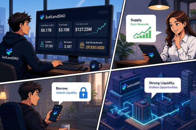 A four-panel illustration depicts JustLendDAO's DeFi platform, featuring users interacting with the protocol while a dashboard displays key metrics: $6.17B in total value locked, $3.10B in total supply, $127.25M total borrowed, 27,181 suppliers, 3,187 borrowers, and 29,930 USDD in daily mining rewards. Speech bubbles highlight the core value propositions—"Supply: Earn Rewards," "Borrow: Unlock Liquidity," and "Strong Liquidity: Endless Opportunities"—reinforcing the post's message that strong lending and borrowing activity continues to support the TRON DeFi ecosystem.