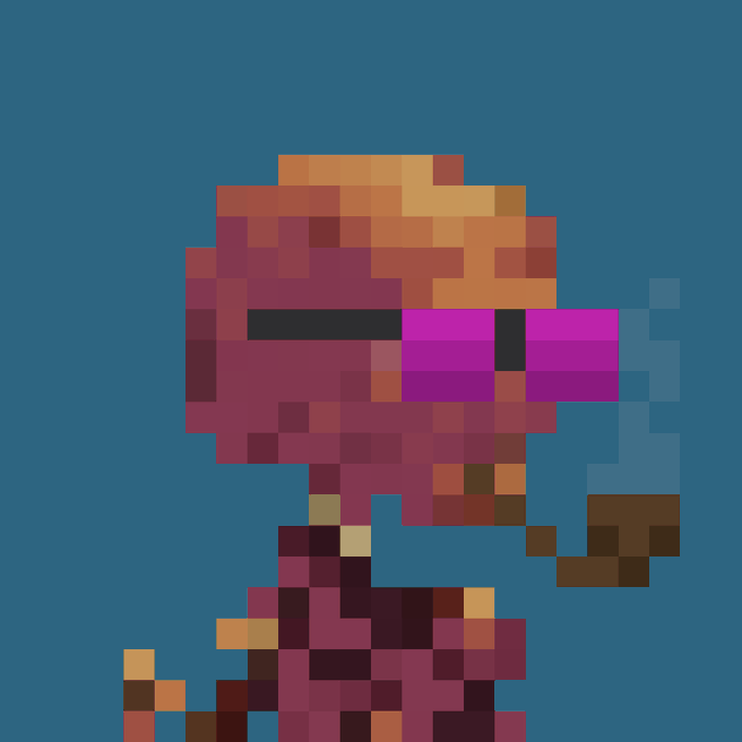 A pixel art character with an orange face, purple visor-like glasses, and a reddish-purple outfit, smoking a cigarette with smoke curling upward against a solid blue background.
