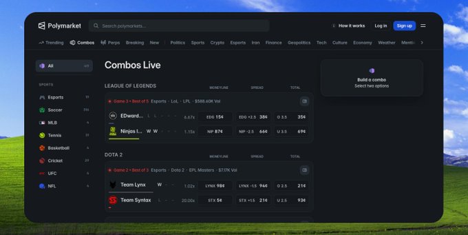A dark-themed Polmarket website showing 'Combos Live' betting options for League of Legends matches (Edward Gaming vs Ninjas in Pyjamas) and Dota 2 matches (Team Lynx vs Team Syntax).