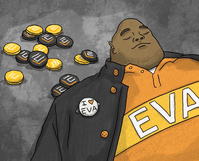 A cartoon illustration of a heavyset man wearing an orange shirt with 'EVA' printed on it and a pin reading 'I ❤️ EVA', lying peacefully beside a pile of coins marked with the IL (Intuition) logo.