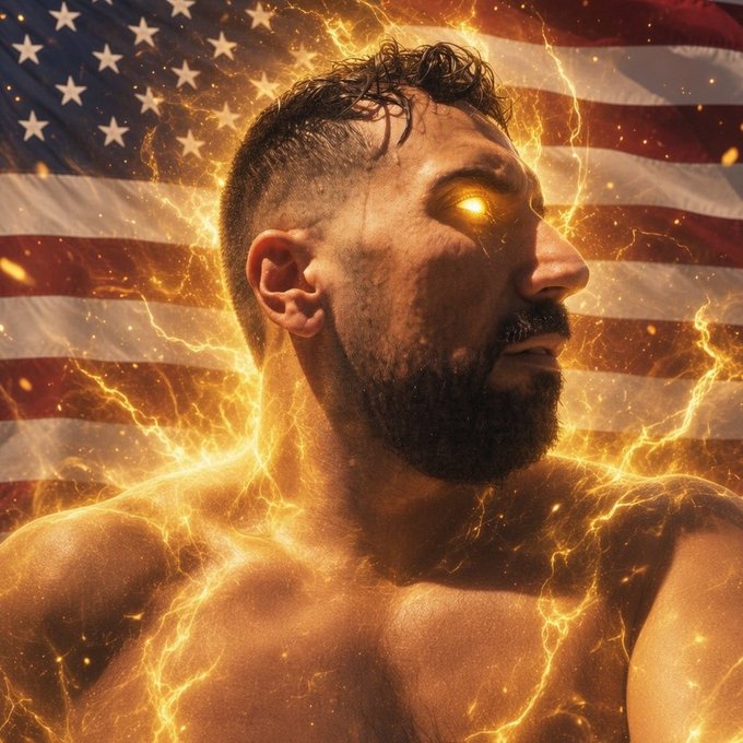 A digital artwork depicts a bearded man with glowing golden eyes and electricity coursing over his bare torso, set against an American flag background.