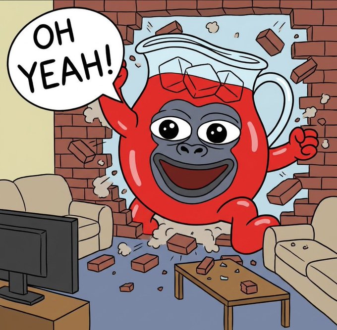 A cartoon red gorilla with a halo crashes through a brick wall saying "OH YEAH!" in a speech bubble, surrounded by debris flying into a living room. The chaotic, exuberant energy of the meme visually echoes the bullish, confident hype of betting on the USA "going all the way," with the destructive entrance symbolizing an unstoppable winning streak.