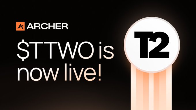 A promotional graphic on a black background featuring the Archer Aviation logo and text announcing '$TTWO is now live!' alongside a circular T2 logo emblem.
