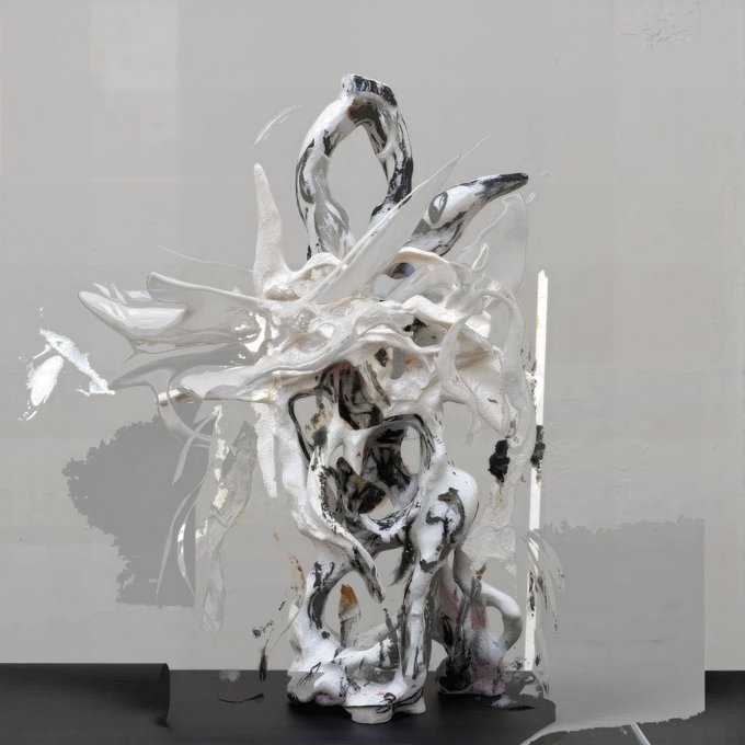 An abstract, fluid sculpture rendered in glossy white and black with sweeping, organic forms appears to drip and swirl in mid-air, mounted on a vertical stand. The artwork exemplifies the type of experimental digital/physical piece shared by the artist as part of their final available 1/1 edition on objkt.com, highlighting the dynamic interplay of form and material that the creator celebrates in this series.