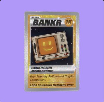 A digital trading card labeled 'BANKR CLUB MEMBERSHIP' featuring a retro television set with a smiling yellow face on the screen, described as an 'AI-Powered Crypto Companion' for 1,000 founding members.