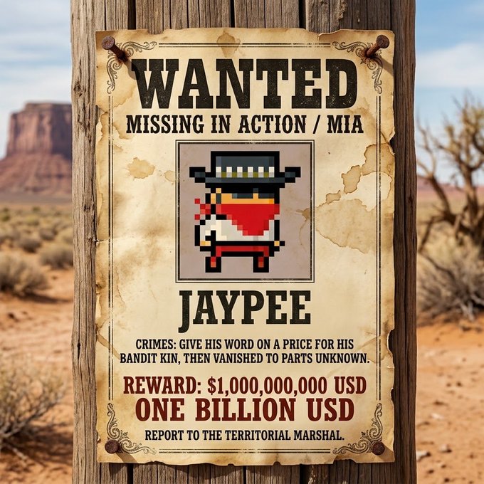 A western-themed "WANTED" poster on wooden posts reads "MISSING IN ACTION / MIA" for "JAYPEE," citing crimes of giving his word on a price then vanishing, and offering a reward of "$1,000,000,000 USD ONE BILLION USD," with instructions to report to the territorial marshal.