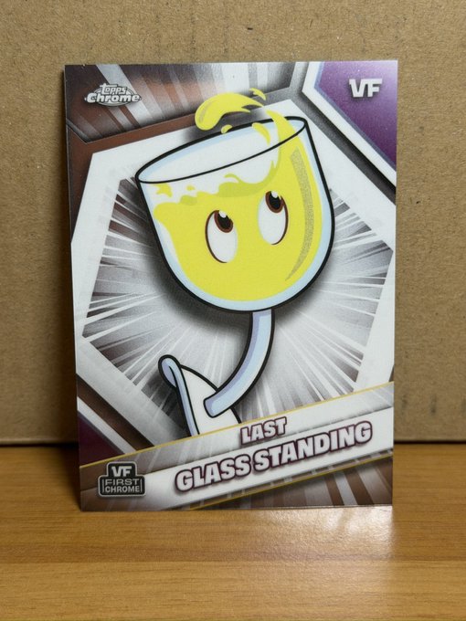 A Topps Chrome VF 'Last Class Standing' trading card depicts a cartoon wine glass character with a face, arms, and legs.
